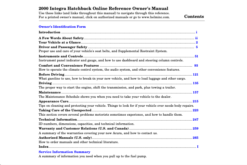 Page 1 de la notice Manuel utilisateur Acura Integra (2000)