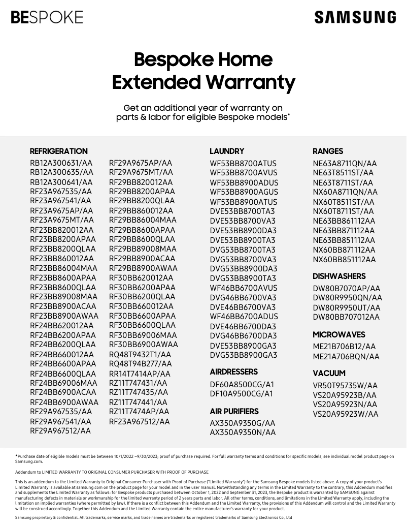 Page 1 de la notice Informations de garantie Samsung WF53BB8700AT