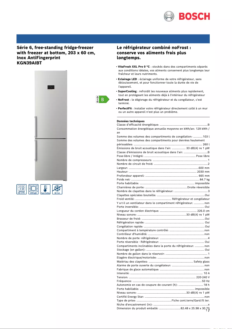Page 1 de la notice Fiche technique Bosch KGN39AIBT