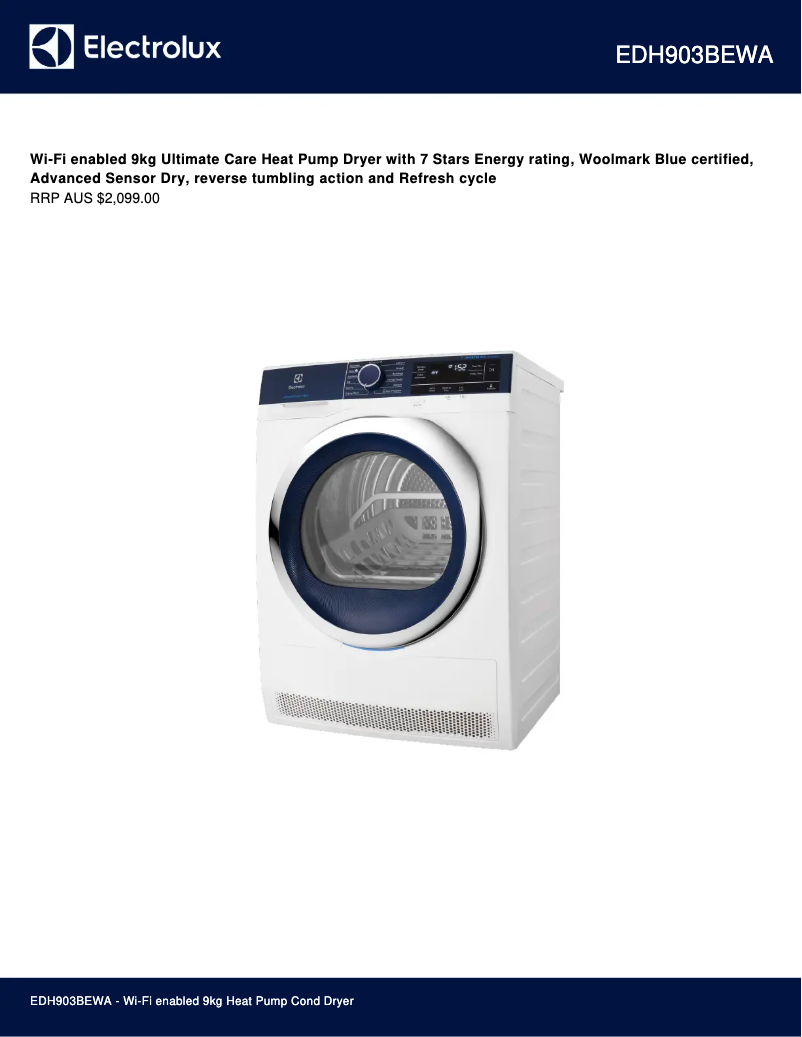 Page 1 de la notice Fiche technique Electrolux EDH903BEWA