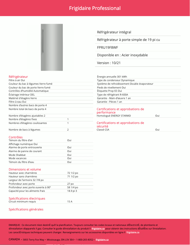 Page n°1 - Fiche technique Frigidaire FPRU19F8WF