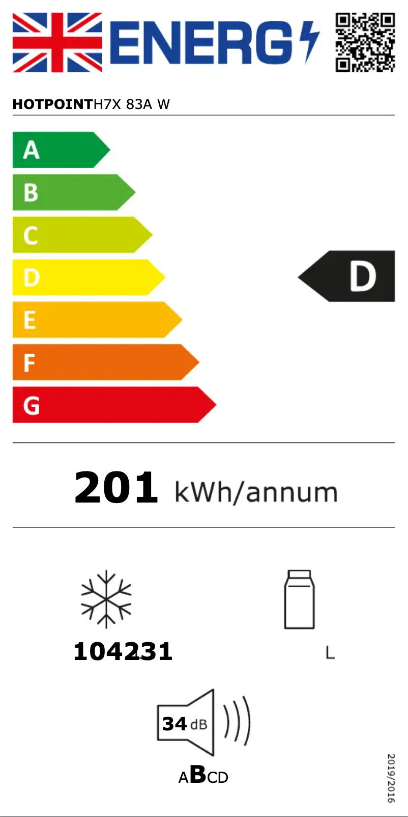 Page 1 de la notice Label énergétique Hotpoint H7X 83A W