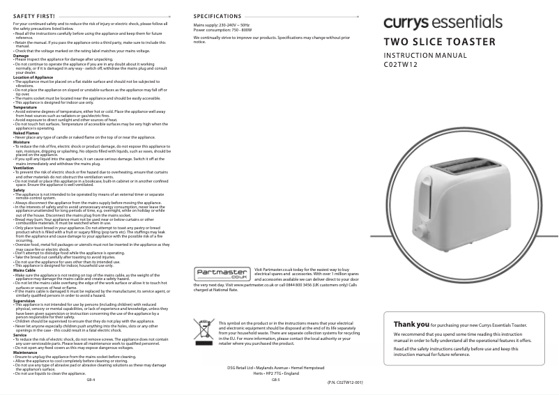 Page 1 de la notice Manuel utilisateur Currys Essentials C02TW12