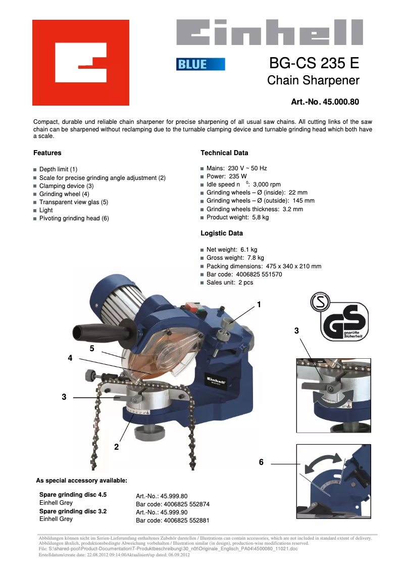 Page 1 de la notice Fiche technique Einhell BG-CS 235 E