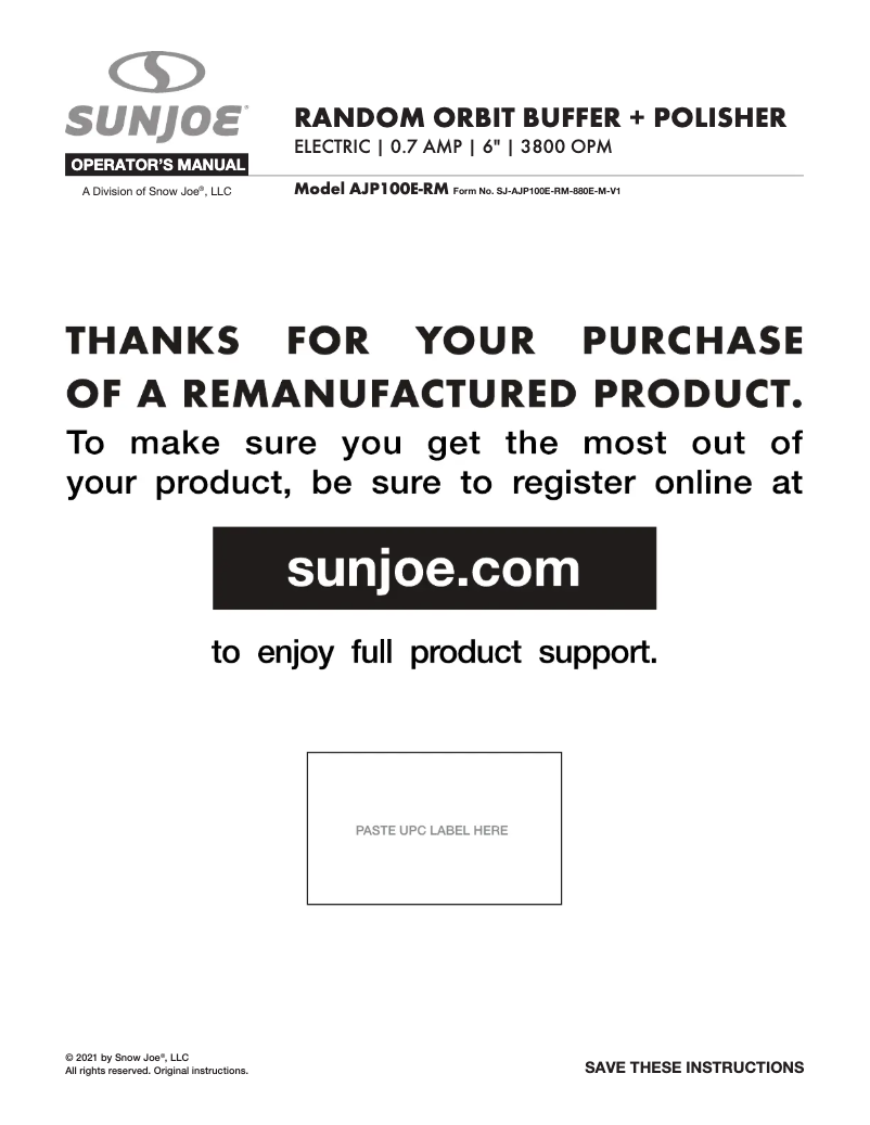 Page n°1 - Manuel utilisateur Sun Joe AJP100E-RM