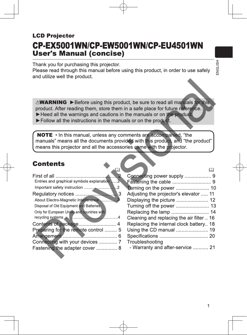 Image de la première page du manuel de l'appareil CP-EW5001WN