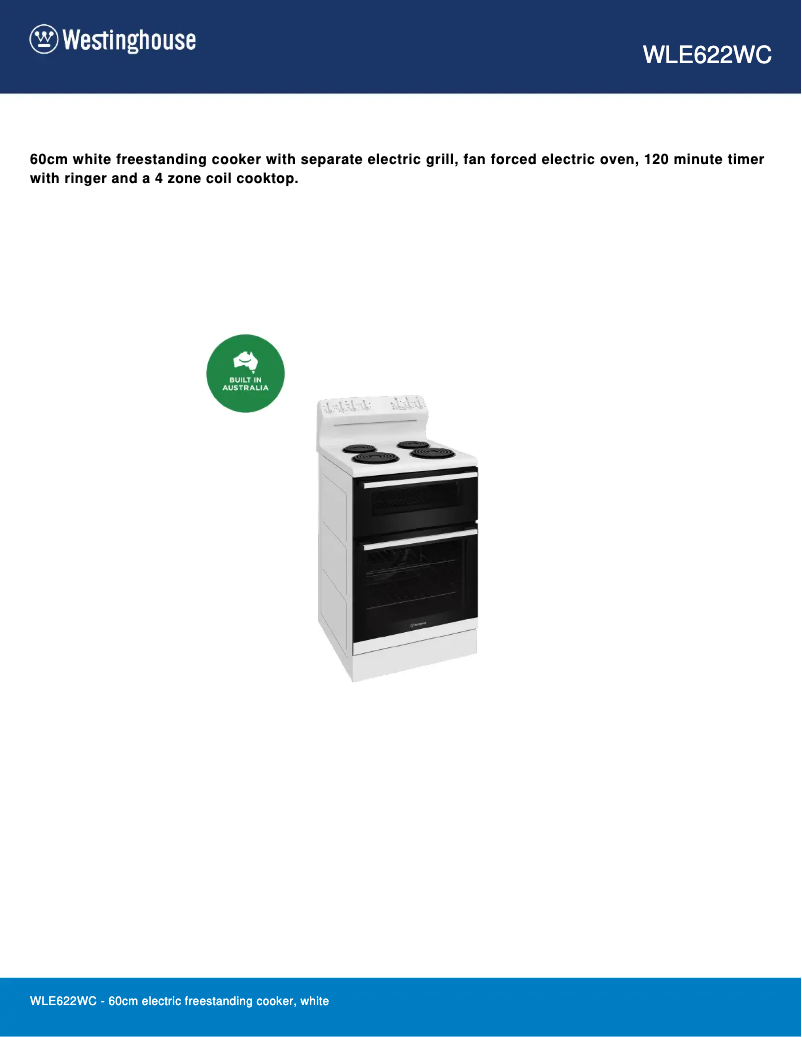 Page 1 de la notice Fiche technique Westinghouse WLE622WC