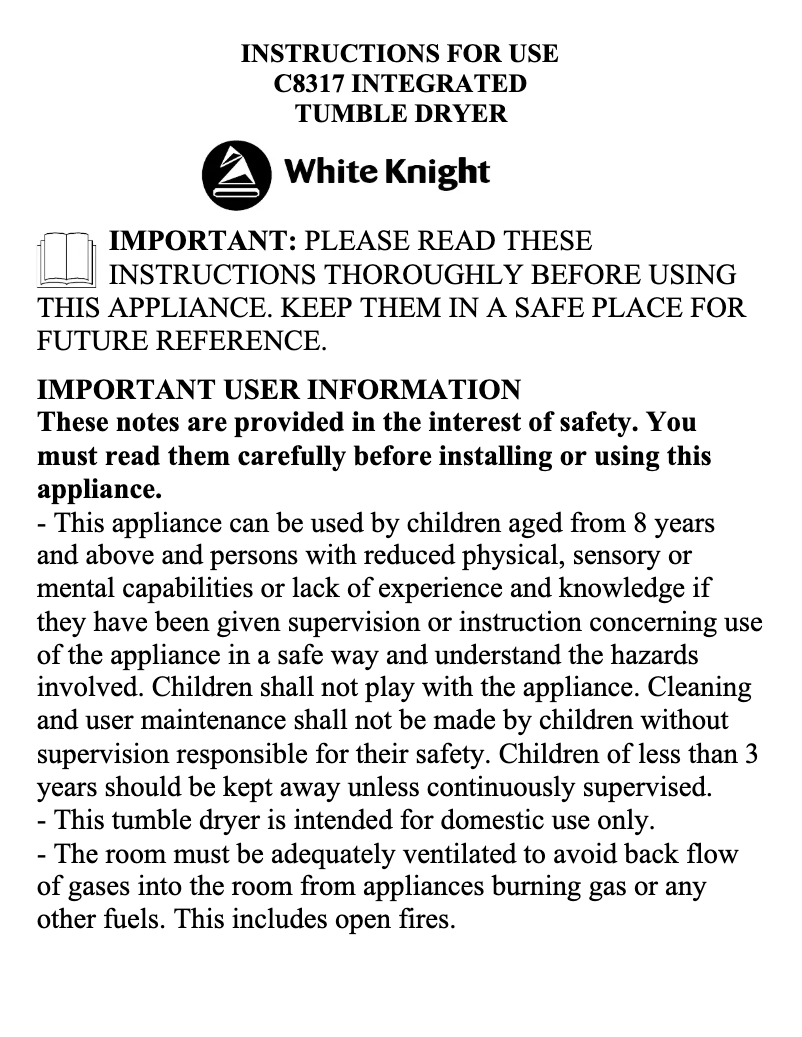 Page 1 de la notice Manuel utilisateur White Knight C8317