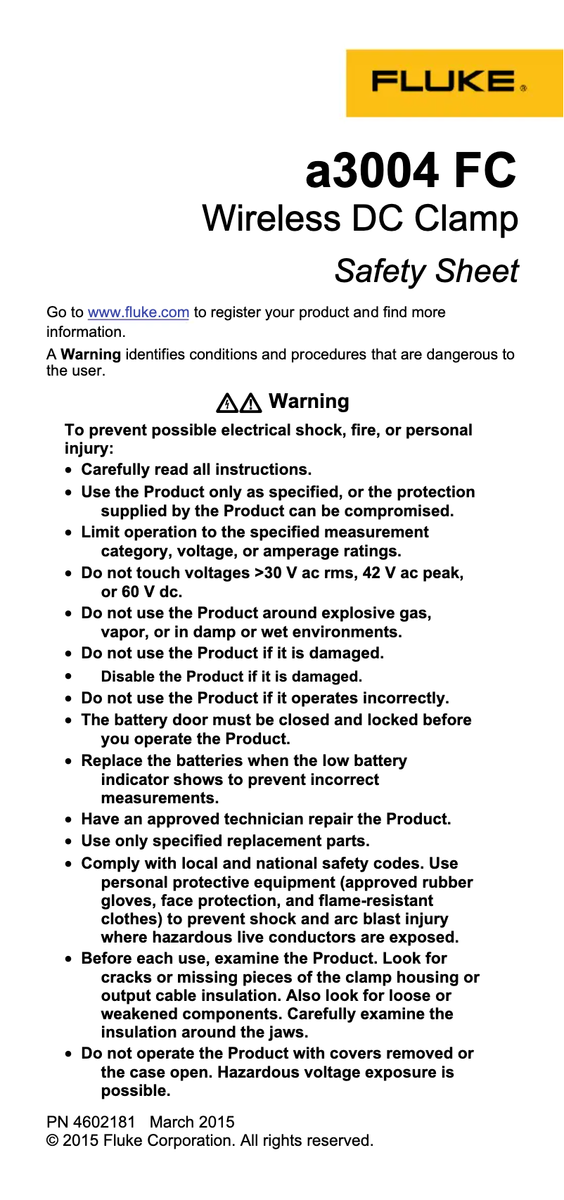 Page 1 de la notice Instructions de sécurité Fluke a3004 FC