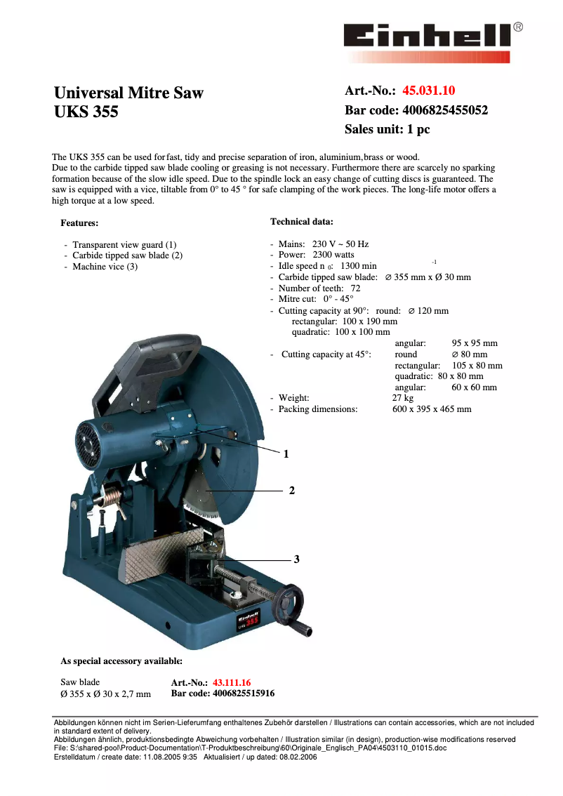 Page 1 de la notice Manuel utilisateur Einhell UKS 355