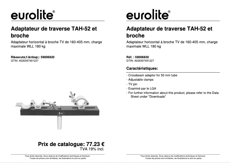 Page 1 de la notice Fiche technique Eurolite TAH-52
