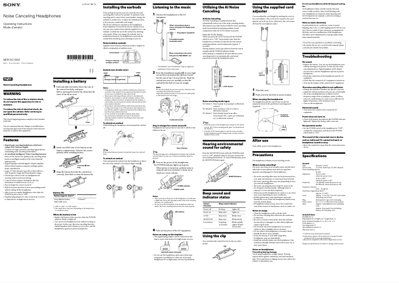 Image de la première page du manuel de l'appareil MDR-NC100D