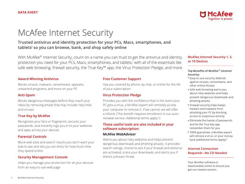 Page 1 de la notice Manuel utilisateur McAfee Internet Security 2018