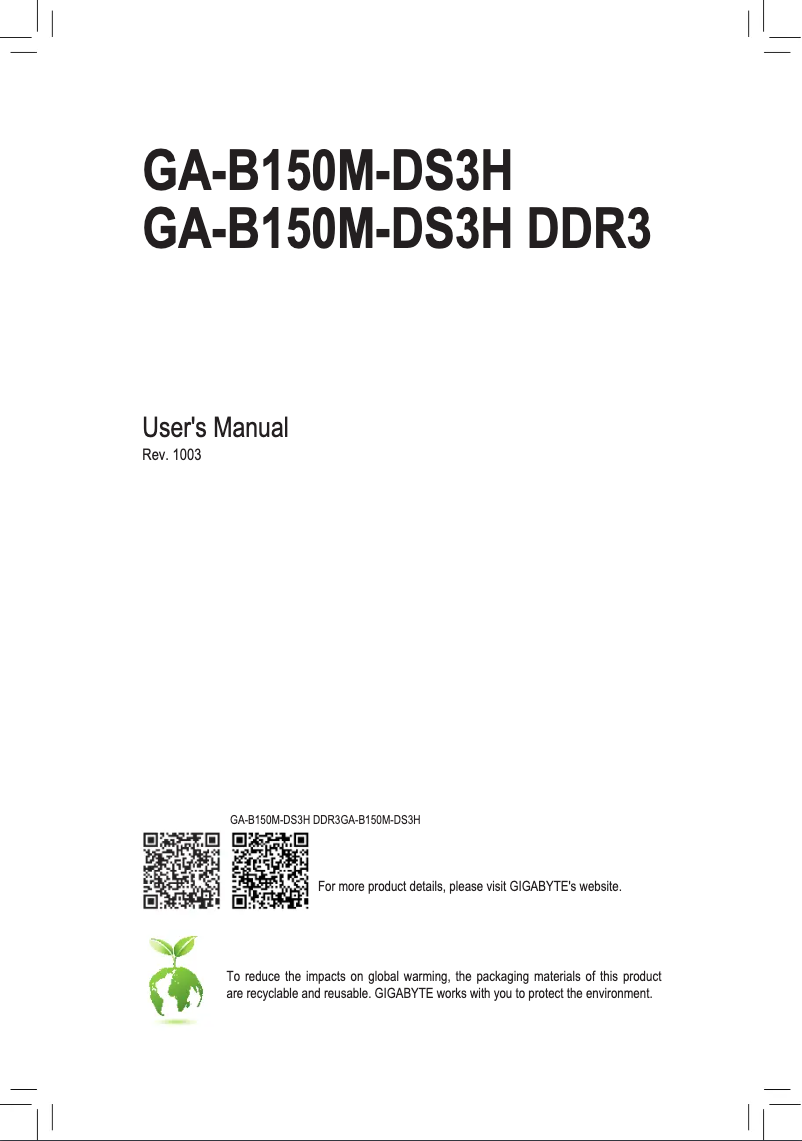 Page 1 de la notice Manuel utilisateur Gigabyte GA-B150M-DS3H DDR3