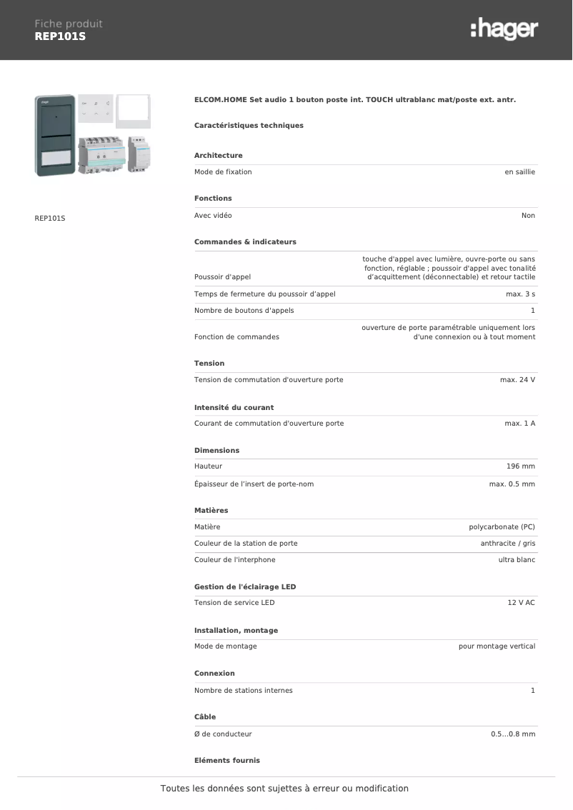 Page 1 de la notice Fiche technique Elcom REP101S