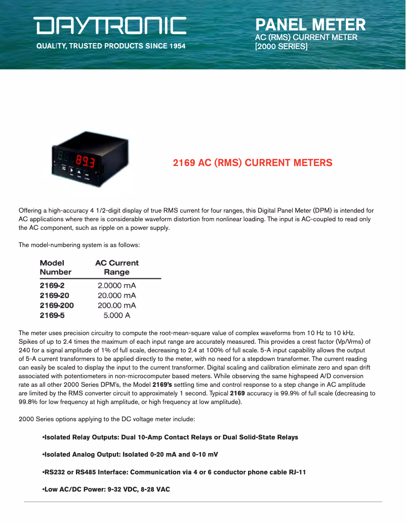 Page 1 de la notice Fiche technique Daytronic 2169-2