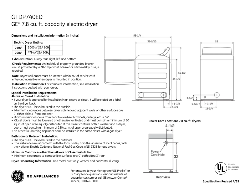 Page 1 de la notice Fiche technique GE GTDP740EDWW