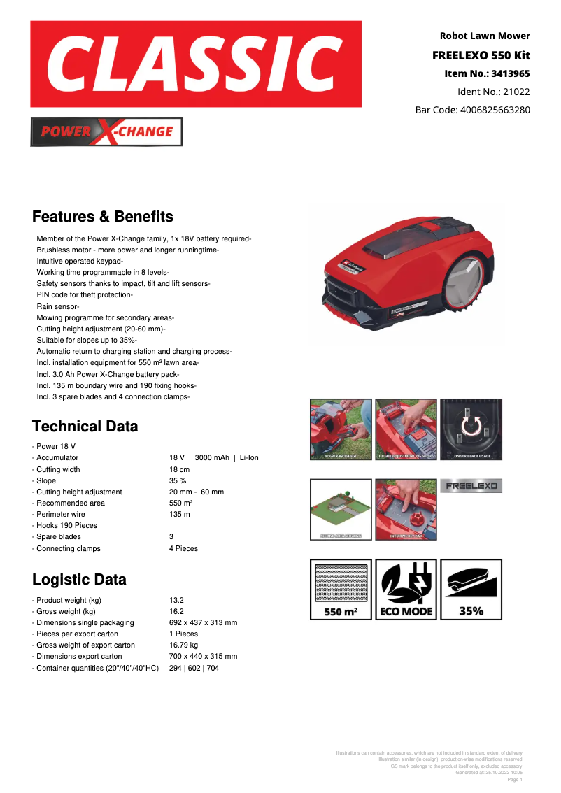 Page 1 de la notice Fiche technique Einhell Freelexo 550