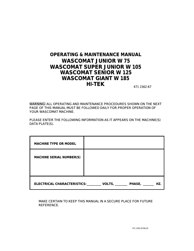Page 1 de la notice Manuel utilisateur Wascomat Giant W 185