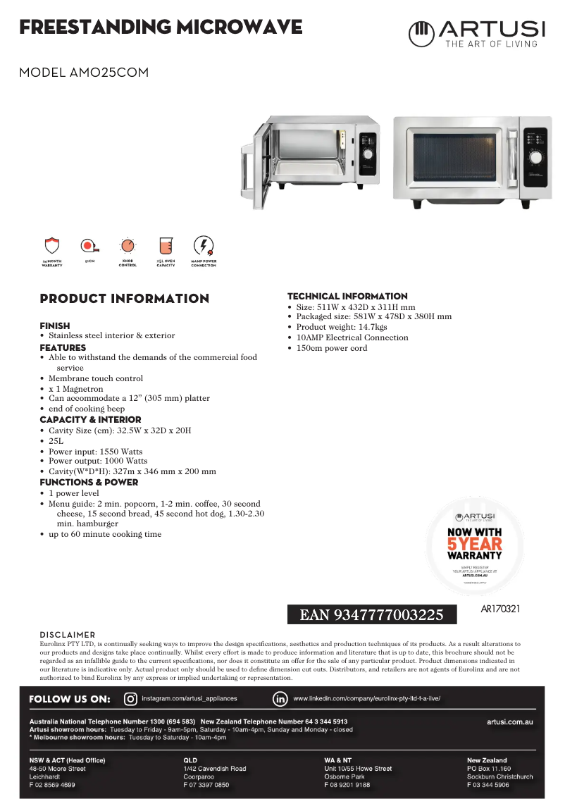 Page 1 de la notice Fiche technique Artusi AMO25COM