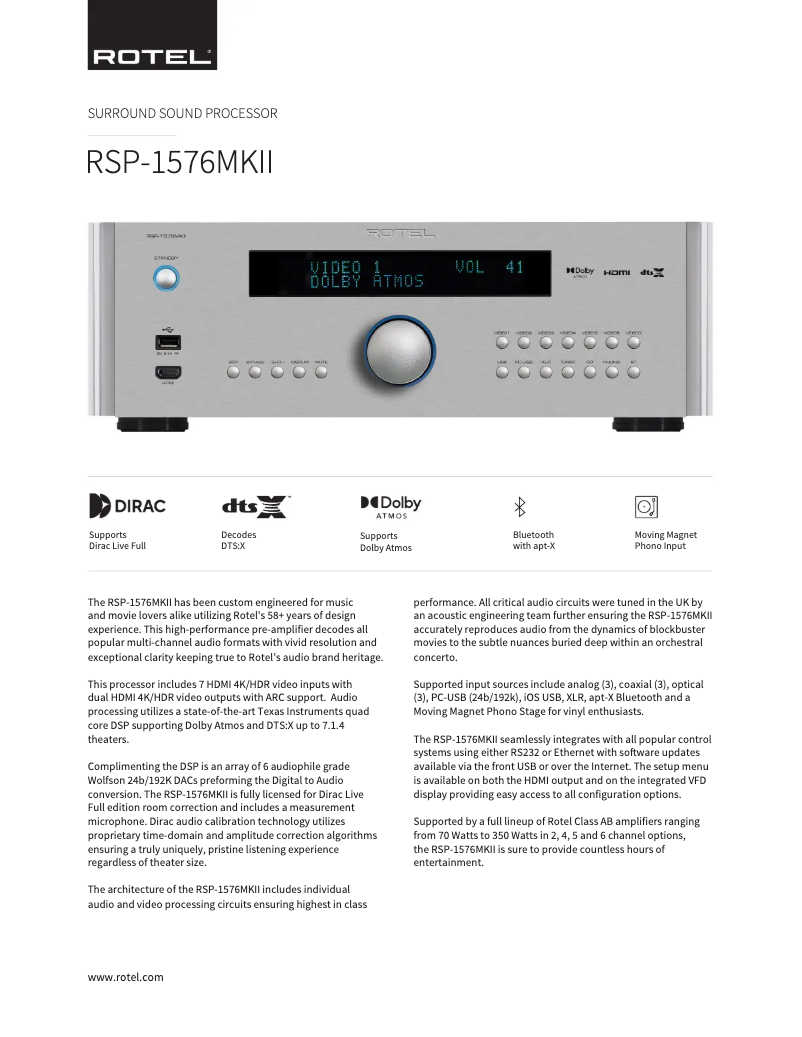 Page 1 de la notice Fiche technique Rotel RSP-1576 MKII