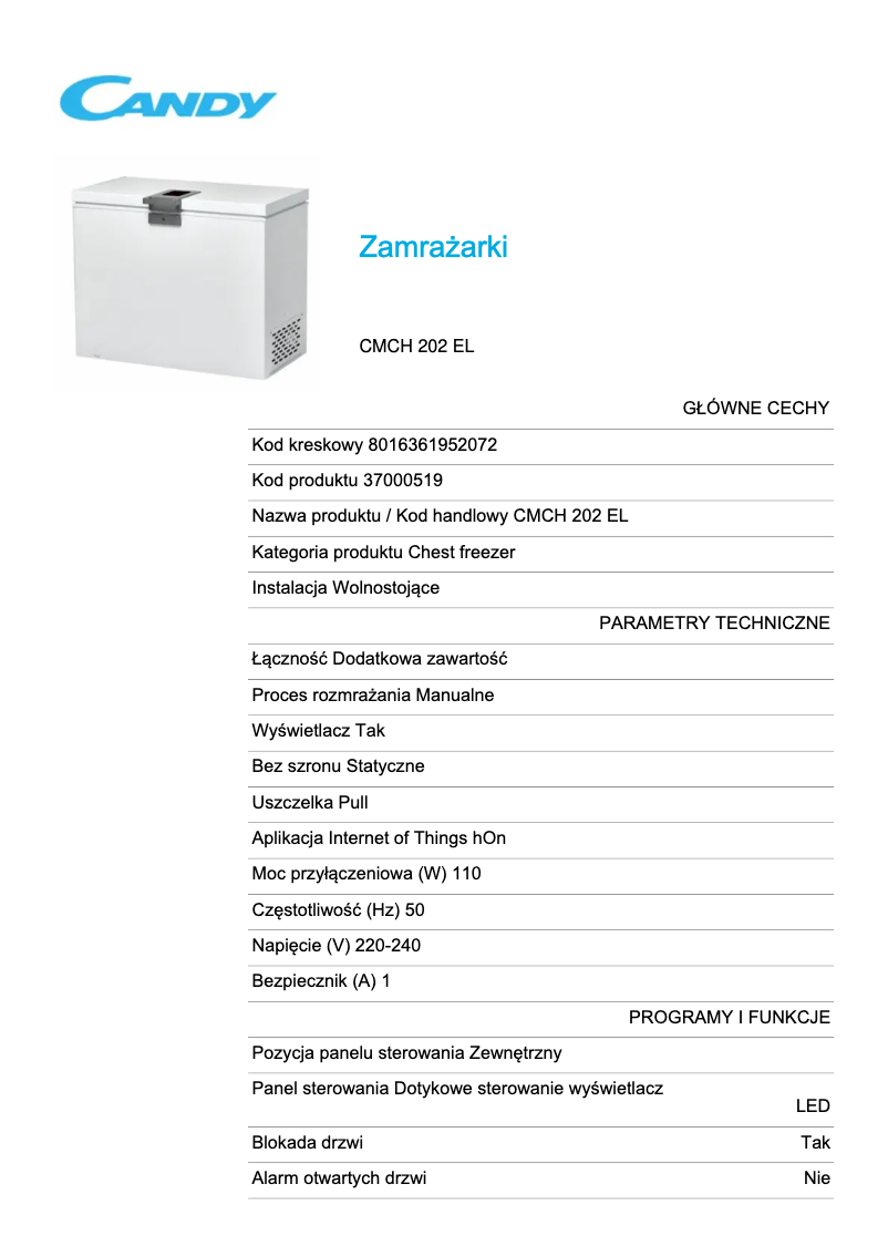 Page 1 de la notice Fiche technique Candy CMCH 202 EL