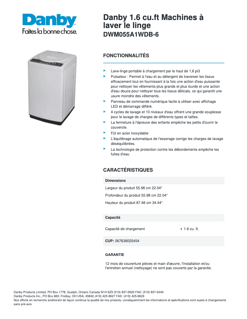 Página 1 del manual Ficha técnica Danby DWM055A1WDB-6
