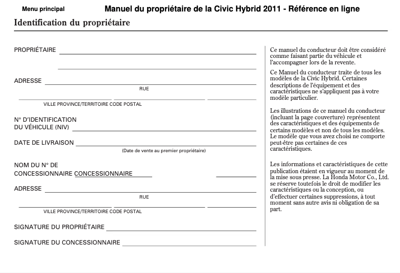 Page 1 de la notice Manuel utilisateur Honda Civic Hybrid (2011)