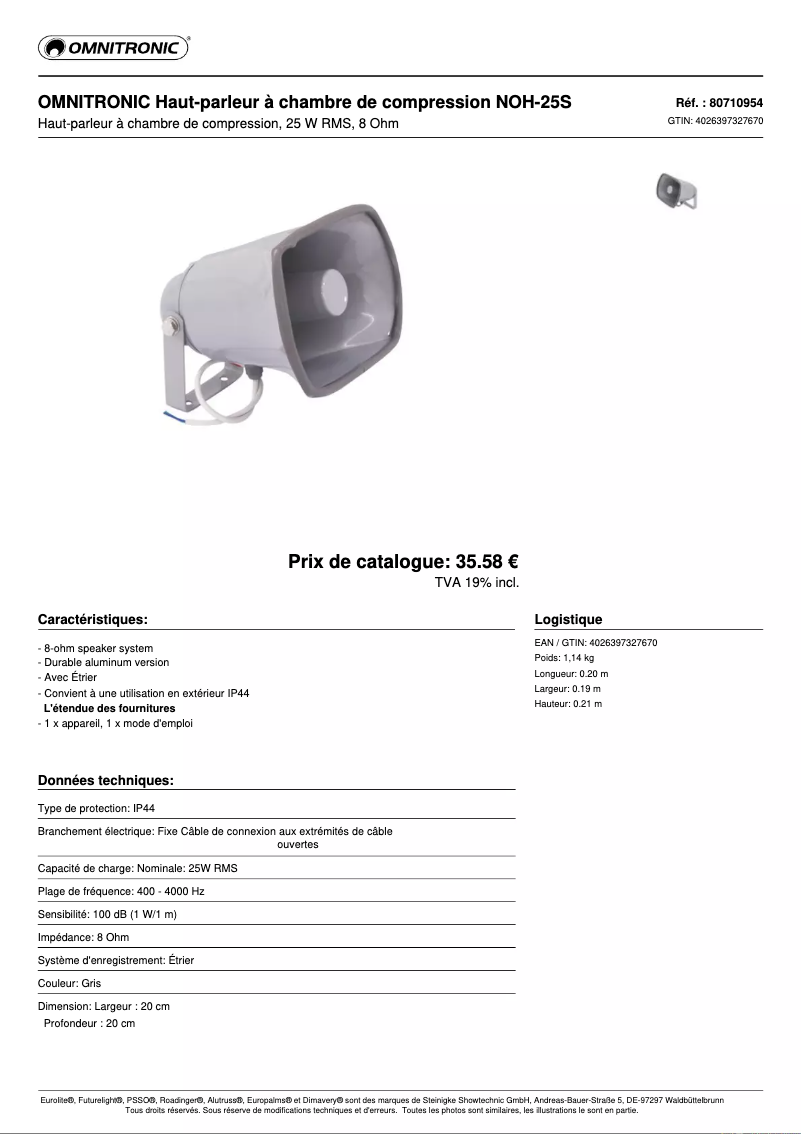 Page n°1 - Fiche technique Omnitronic NOH-25S