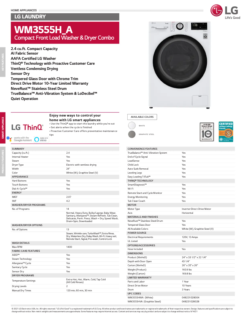 Page n°1 - Fiche technique LG WM3555HVA