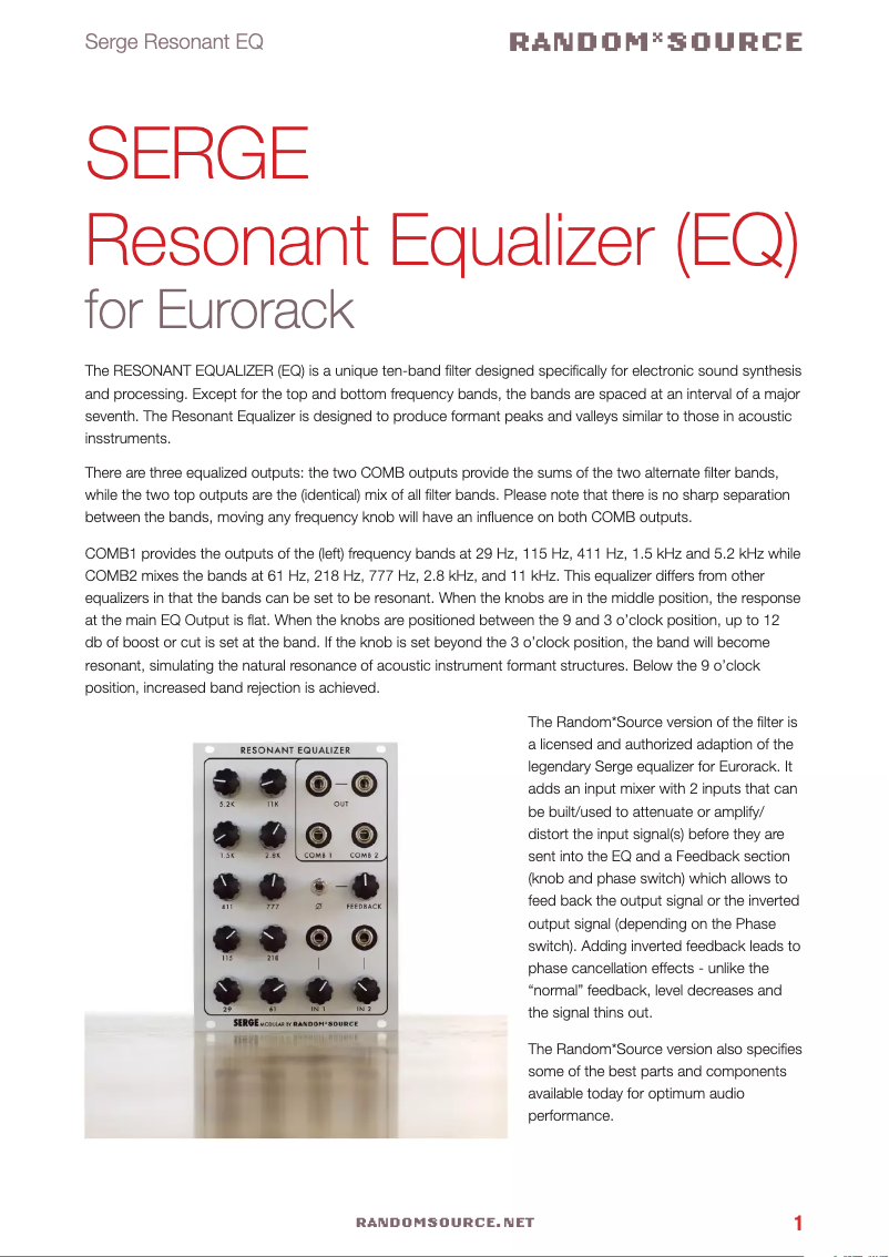 Page 1 de la notice Manuel utilisateur Serge Resonant Equalizer