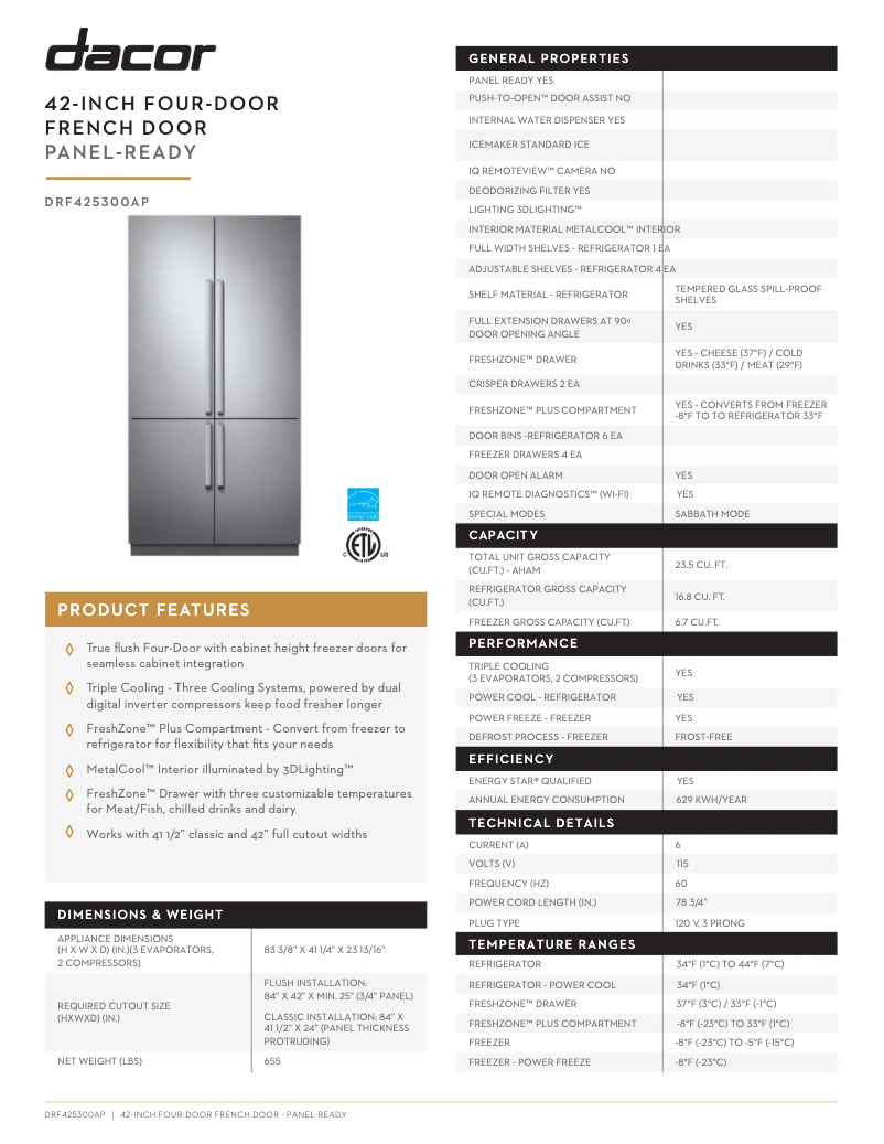 Page 1 de la notice Fiche technique Dacor DRF425300AP