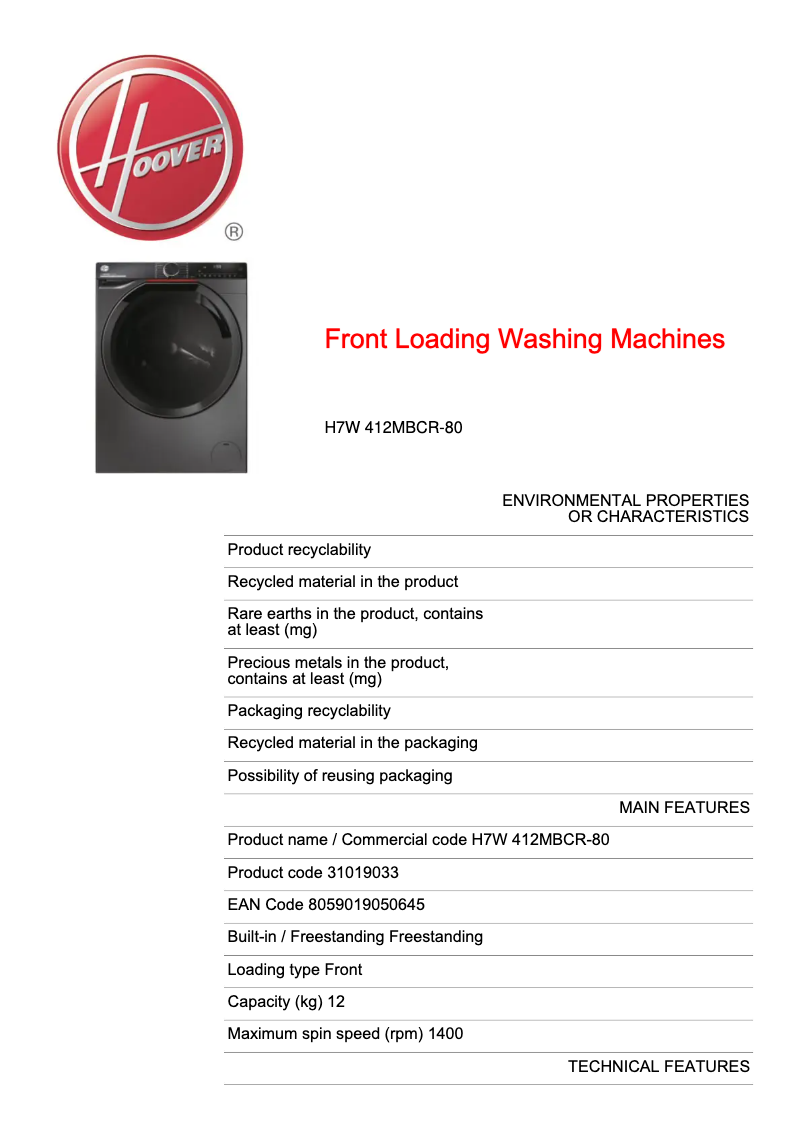 Page n°1 - Fiche technique Hoover H7W 412MBCR-80