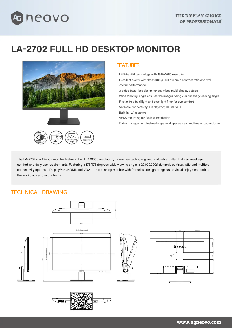 Page 1 de la notice Fiche technique AG Neovo LA-2702