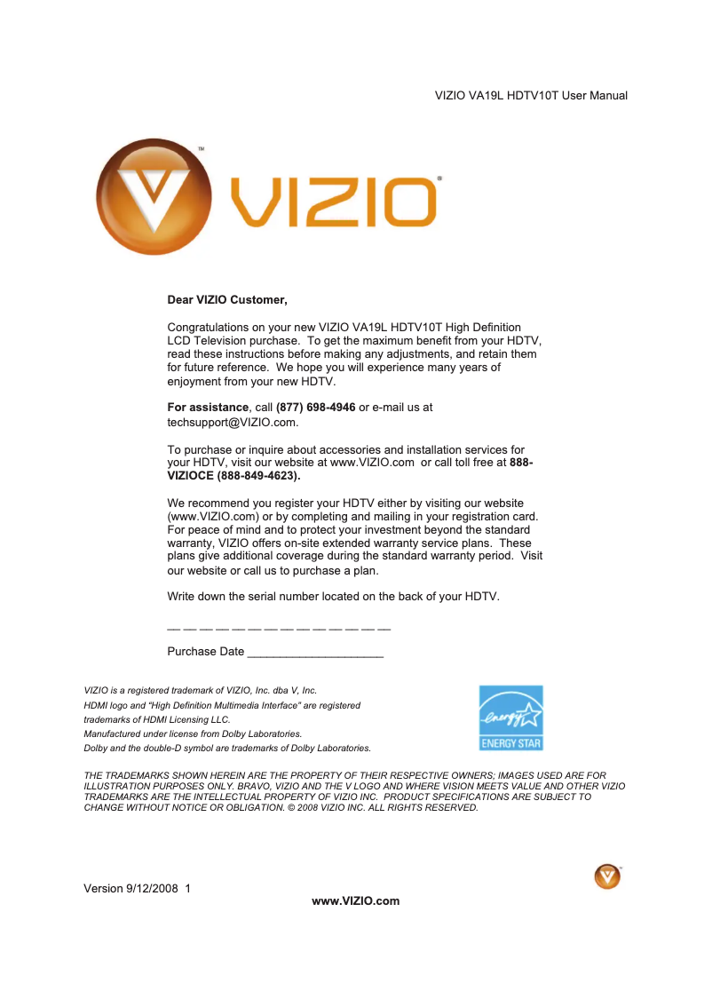 Page 1 de la notice Manuel utilisateur VIZIO VA19LHDTV10T