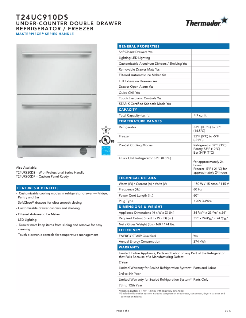 Page 1 de la notice Fiche technique Thermador T24UC910DS