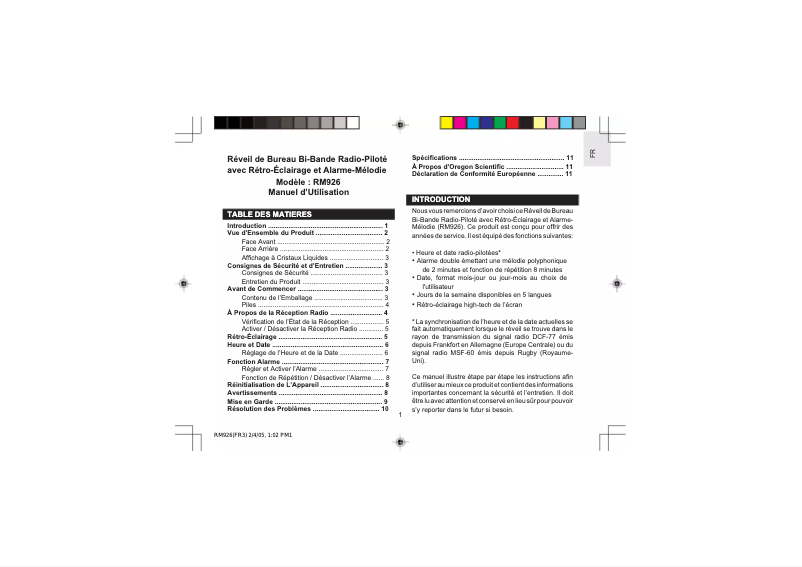 Page n°1 - Manuel utilisateur Oregon Scientific RM 926