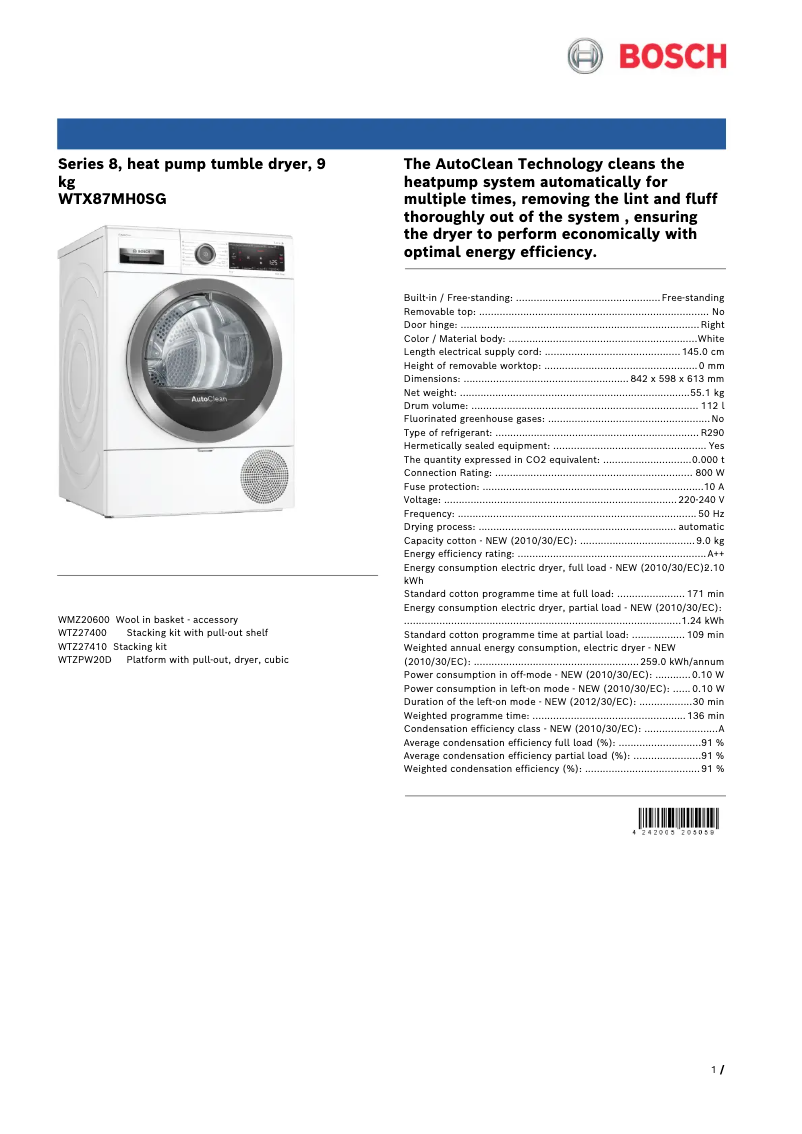 Página 1 del manual Ficha técnica Bosch WTX87MH0SG