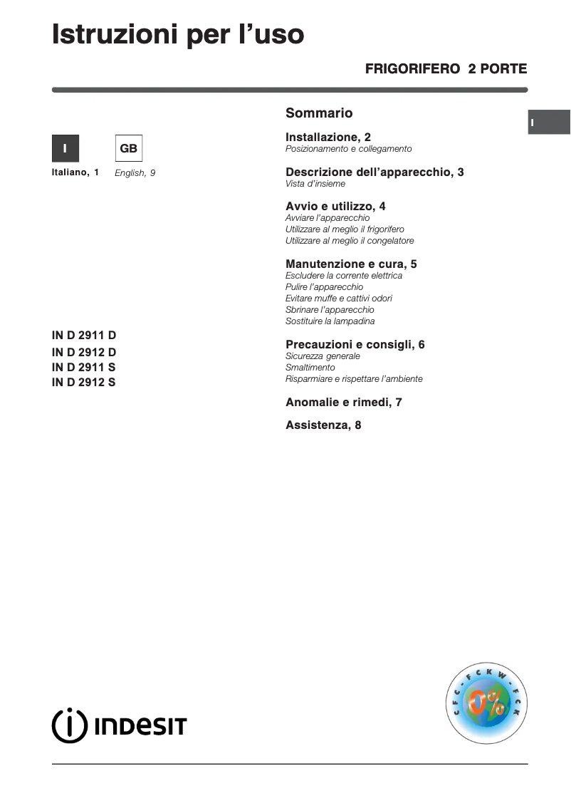 Page n°1 - Manuel utilisateur Indesit IN D 2912 S