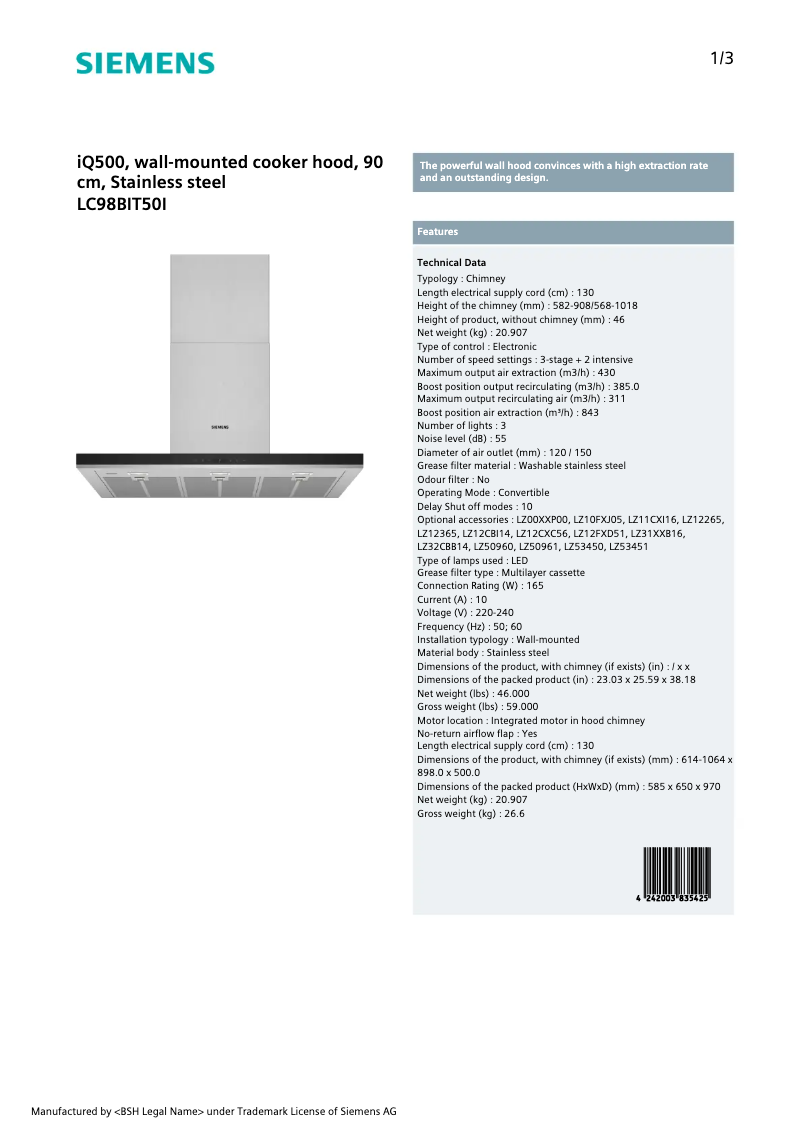 Page 1 de la notice Fiche technique Siemens LC98BIT50I