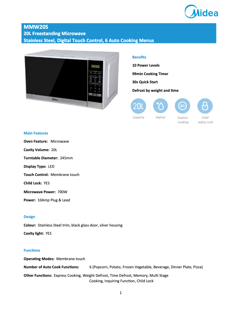 Page n°1 - Fiche technique Midea MMW20S
