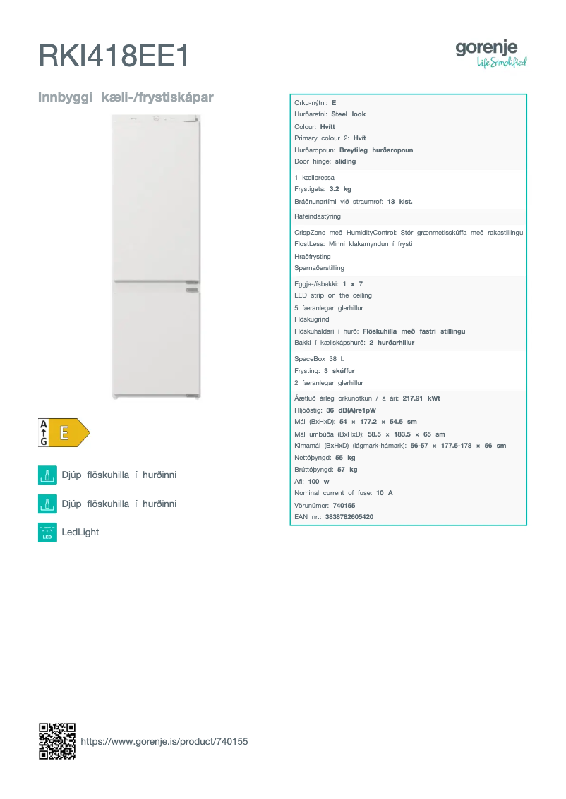 Page 1 de la notice Fiche technique Gorenje RKI418EE1