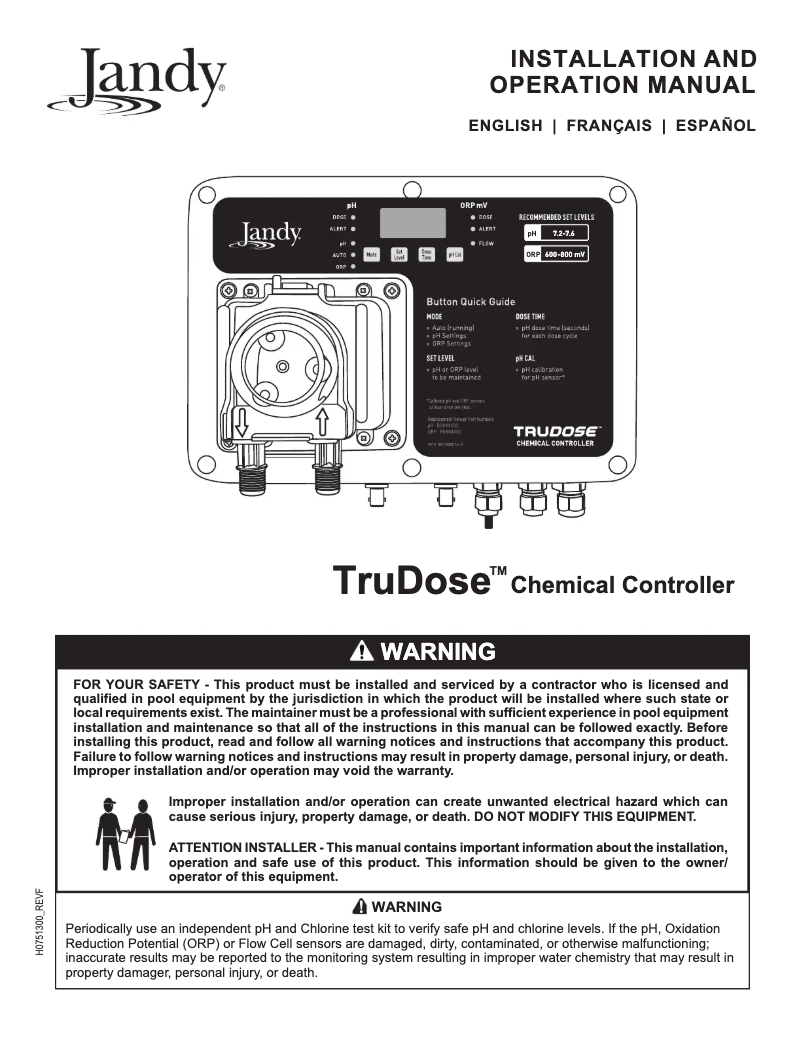 Page n°1 - Manuel utilisateur JANDY TruDose Chemical Controller