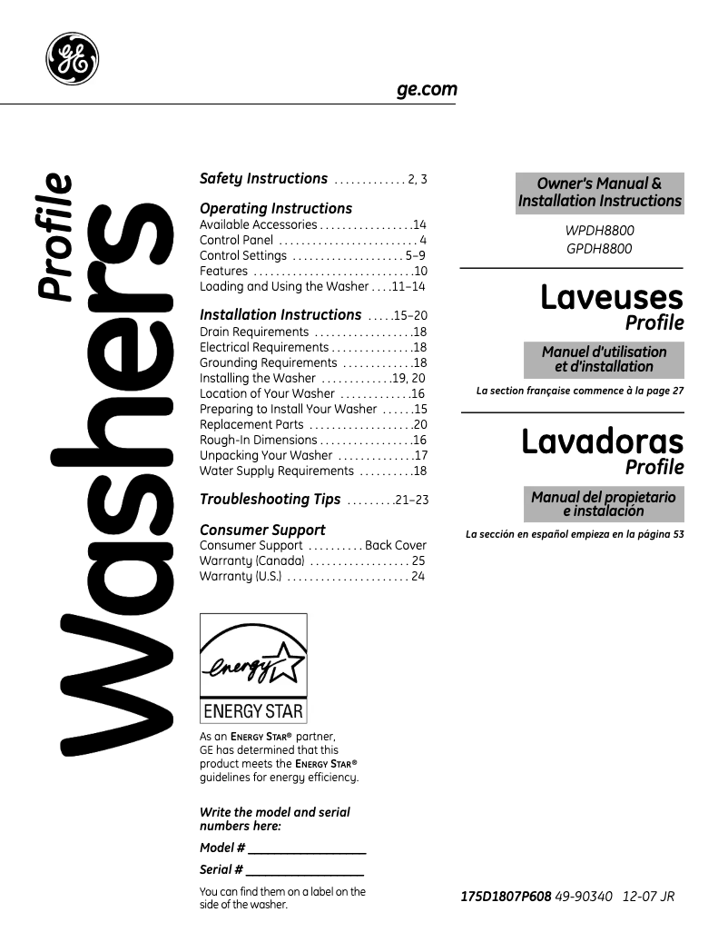 Page n°1 - Mode d'emploi GE WPDH8800JWW