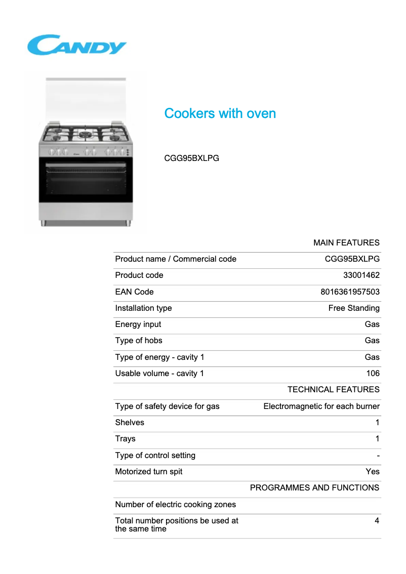Page 1 de la notice Fiche technique Candy CGG95BXLPG