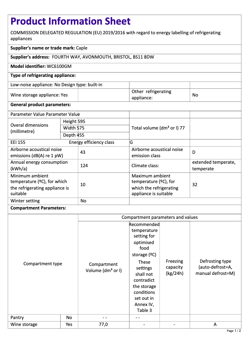 Page n°1 - Fiche technique Caple WC6100GM