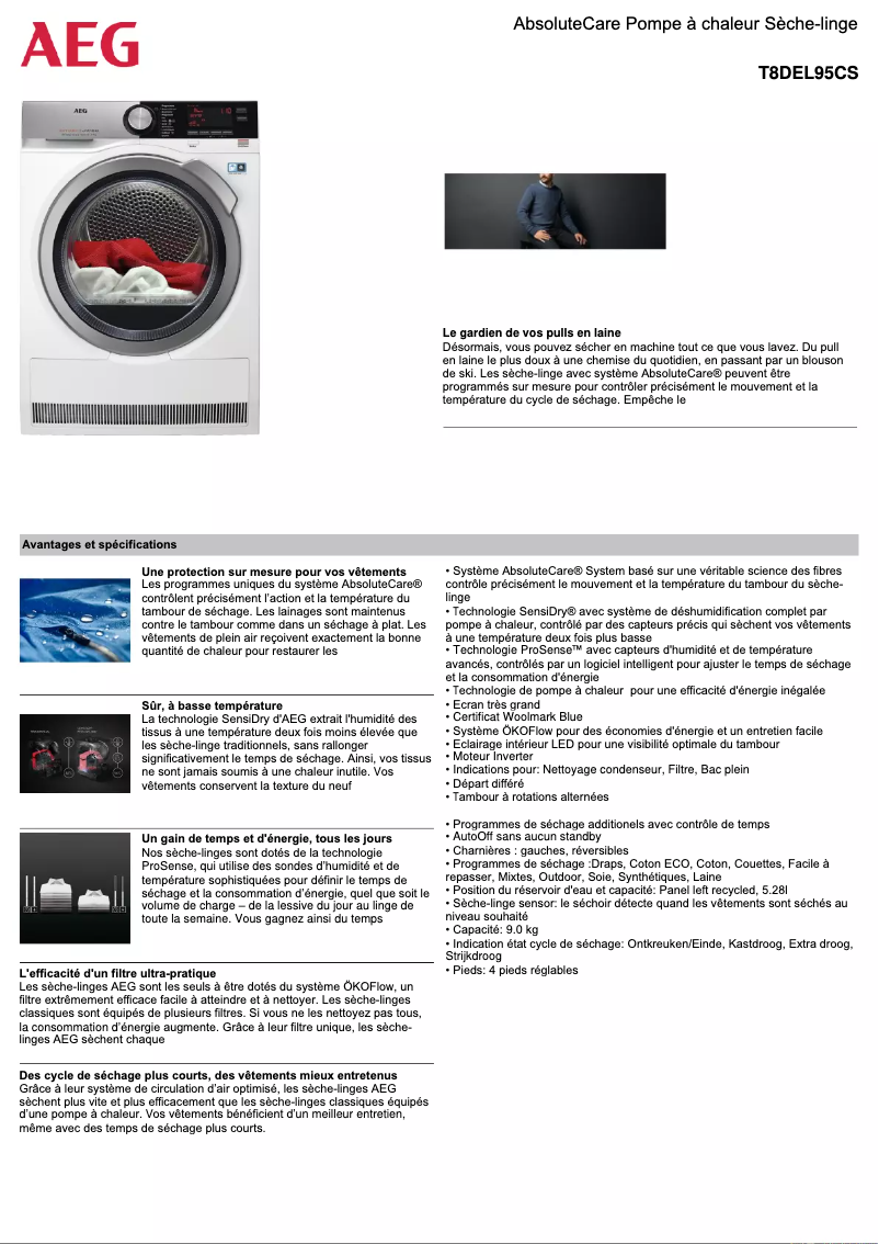 Page n°1 - Fiche technique AEG T8DEL95CS