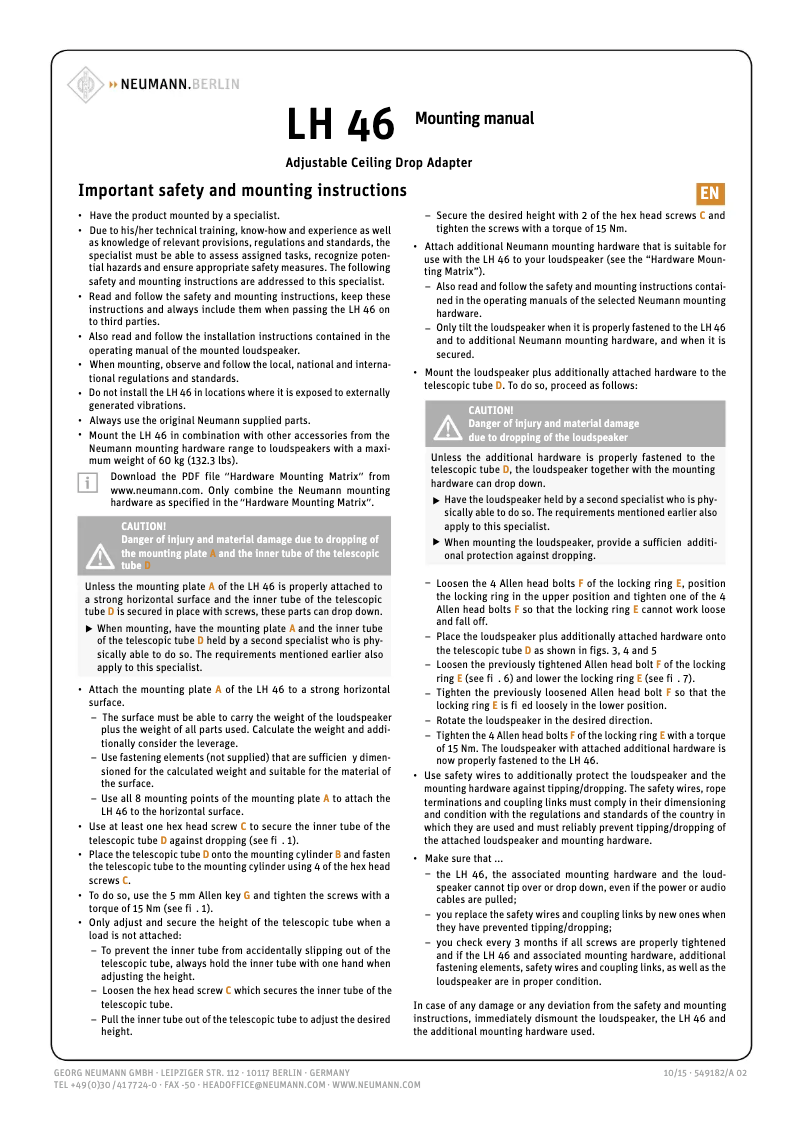 Page 1 de la notice Manuel utilisateur Neumann LH 46