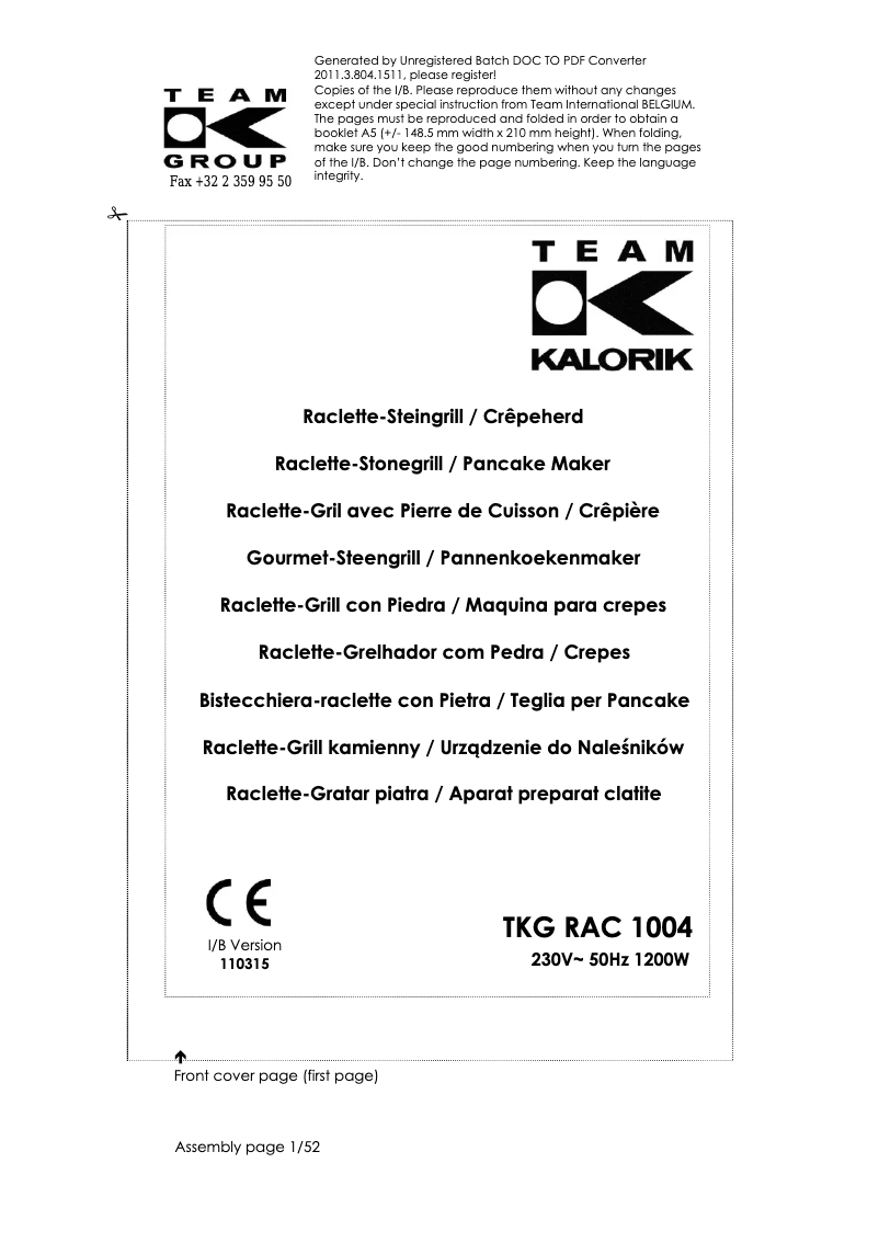 Page n°1 - Manuel utilisateur Kalorik TKG RAC 1004
