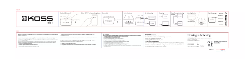 Page 1 de la notice Manuel utilisateur Koss BTS1